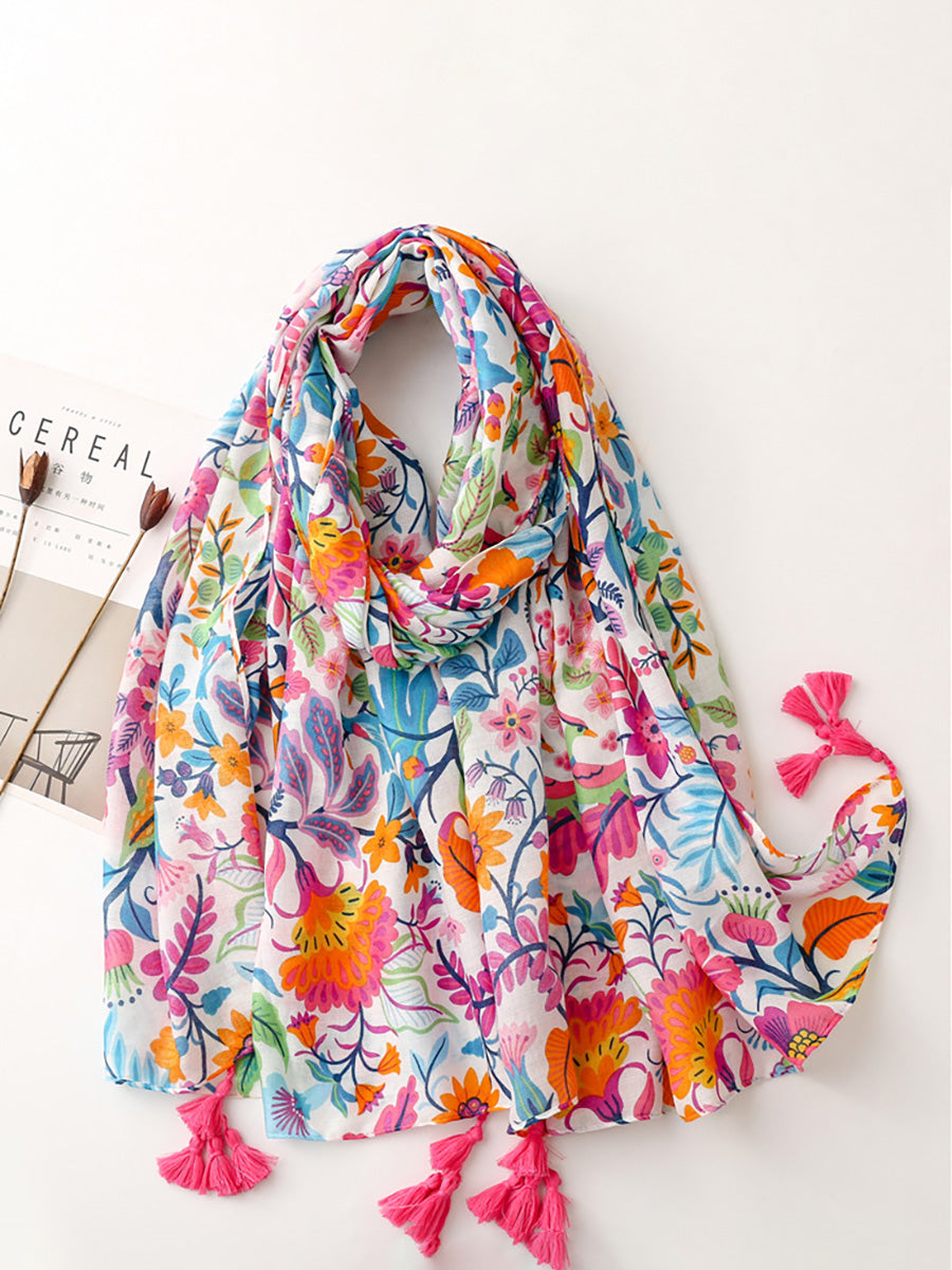 Polyester Tassel Floral Women Vintage Sunscreen Scarf – BUYKUD