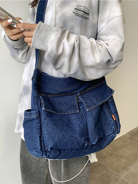 Women Vintage Solid Denim Large Capacity Bag