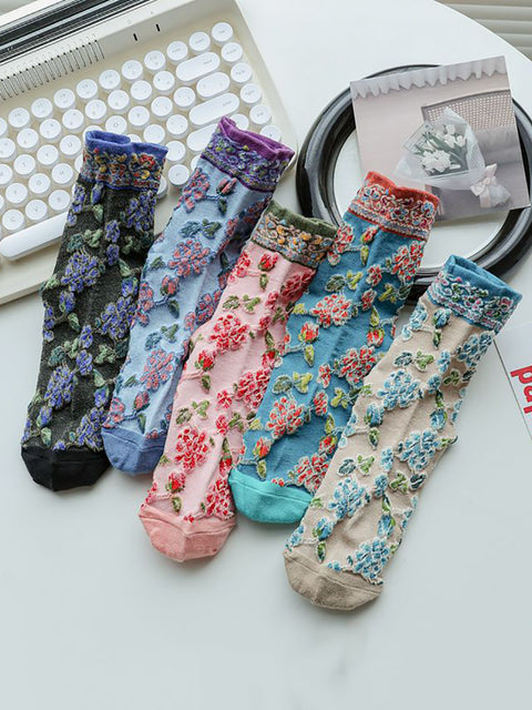 5 Pairs Women Vintage Floral Jacquard Cotton Socks