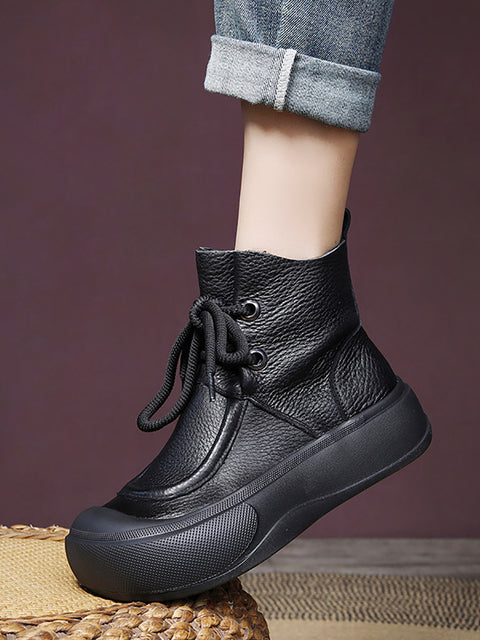 Women Casual Winter Solid Leather Strap Platform Boots