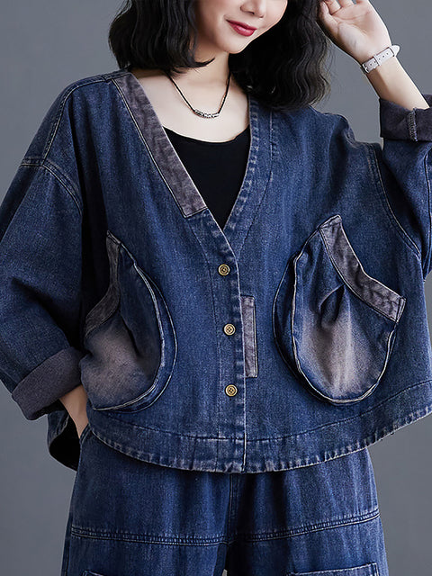 Women Retro Spring Spliced Big Pocket Denim Coat