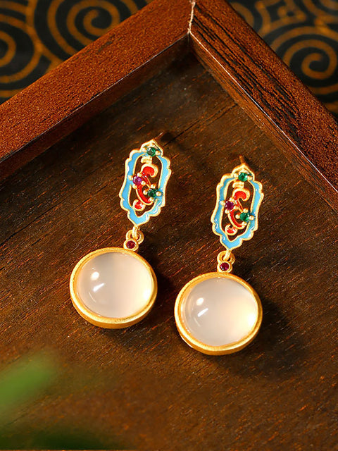 Women Vintage Enamel Round Jade Sliver Earrings