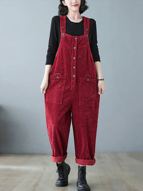 Plus Size Women Vintage Solid Corduroy Jumpsuits