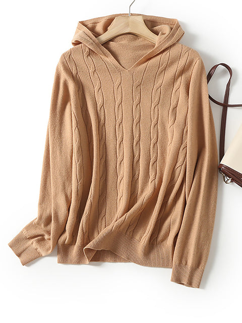 Women Casual Winter Solid Twist Hooded Wool Sweater