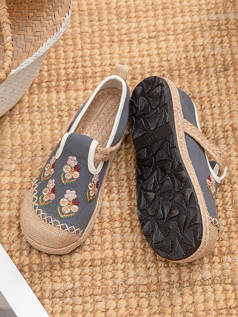 Women Ethnic Flower Embroidery Linen Flat Shoes