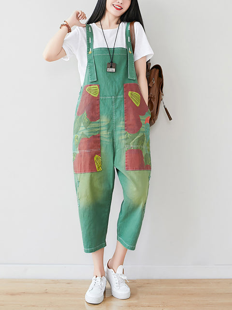 נשים קיץ Artsy Flower Patch Spliced Pocket Jumpsuits