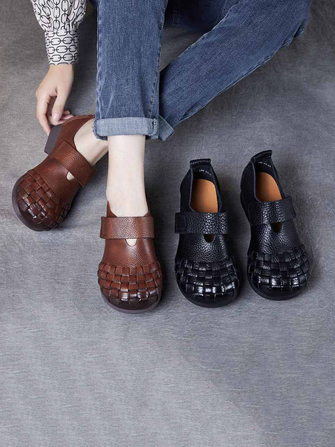 Women Vintage Soft Leather Weave Low Heel Shoes