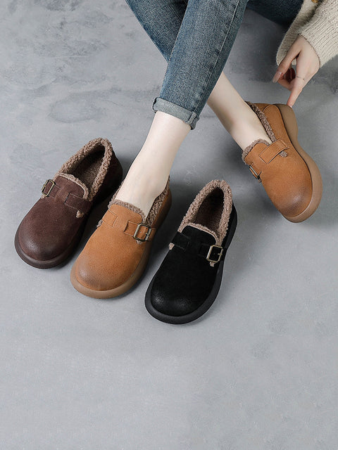 Women Vintage Winter Leather Fleece-lined Mid Heel Shoes