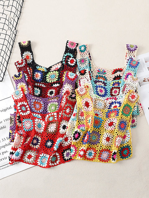 Women Artsy Summer Flower Handmade Knitted Vest