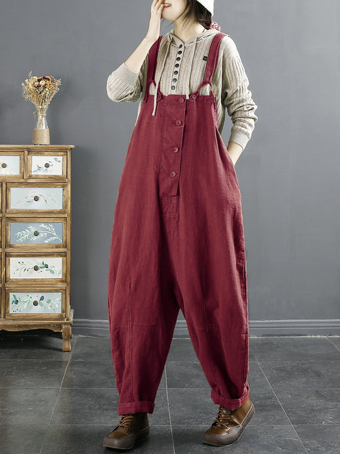 Plus Size Women Vintage Solid Linen Loose Jumpsuits