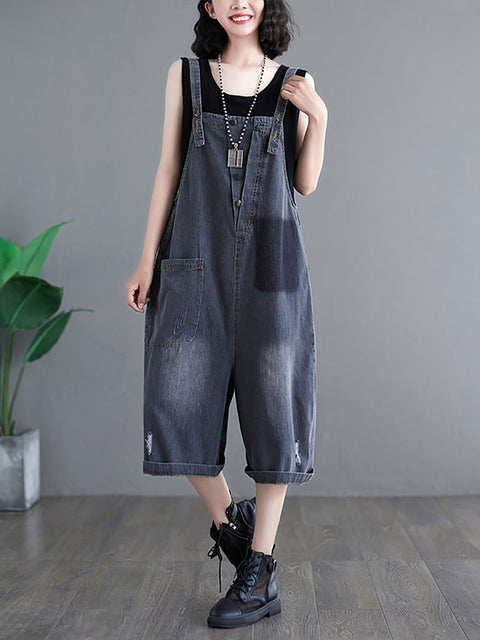 Women Summer Washed Pocket Frayed Button Denim Jumpsuits