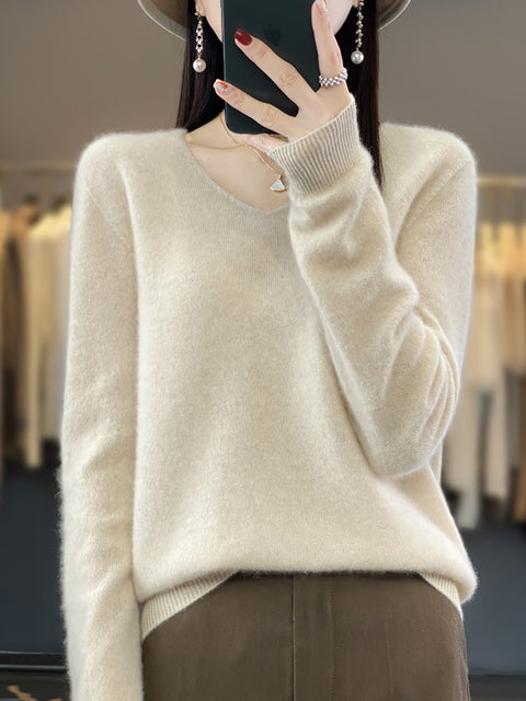 Women Autumn Pure Color V-Neck Knit Sweater