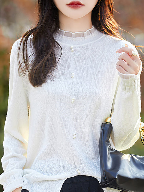 Women Spring Lace Collar Knit Sweater