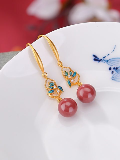 Women Vintage S925Sliver Red Bead Flower Earrings