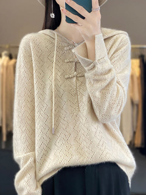 Women Autumn Soft Hollow Out Knit 100%Wool Hooded Sweater