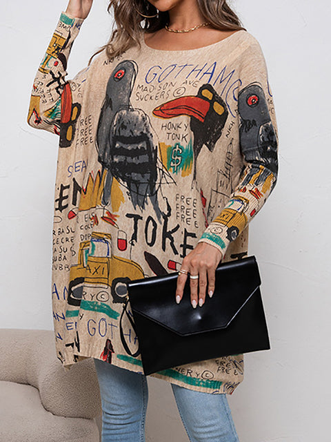 Women Casual Cartoon Bird Print Knitted Shirt