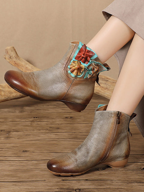 Women Vintage Leather Patch Spliced Low Heel Boots