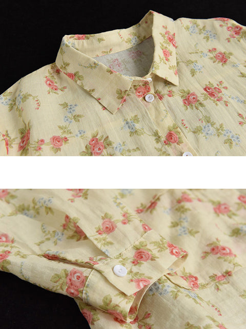 Women Vintage Floral Spring Button Up Ramie Blouse