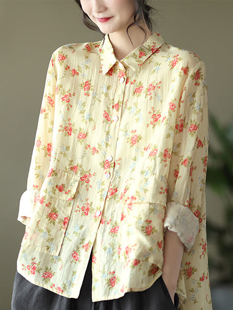 Women Vintage Floral Spring Button Up Ramie Blouse