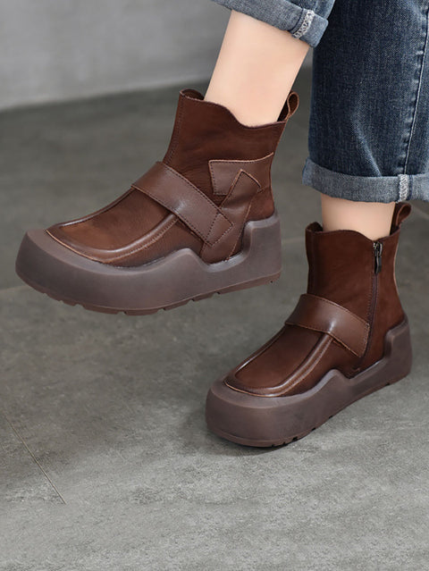 Women Fashion Genuine Leather Spliced Platform Boots