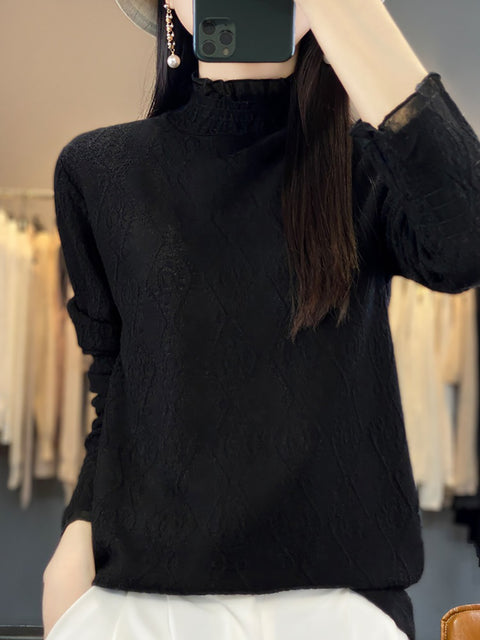 Women Autumn Lacework Knitted Half-Turtleneck Blouse