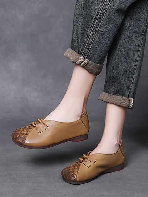 Women Vintage Soft Leather Weave Low Heel Shoes