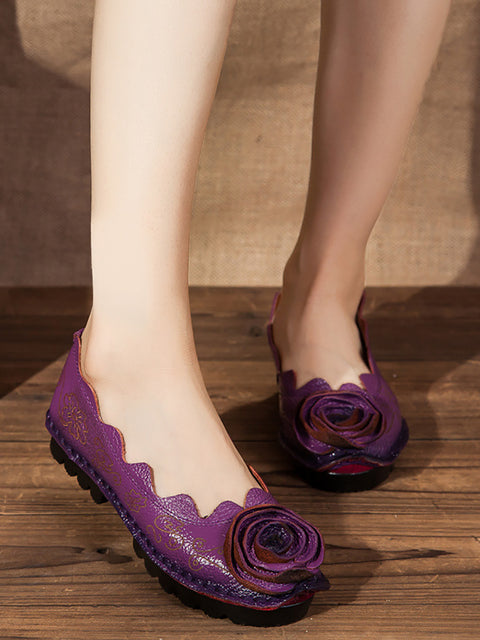 Wavy Edge Leather Rose Flat Shoes