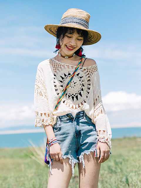 Women Summer Travel Knitted Hollow Out Sunproof Shirt