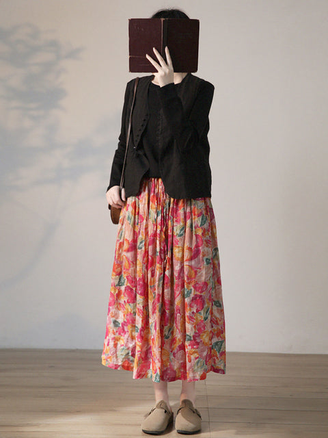 Plus Size נשים קיץ Artsy Flower Drwastring Ramie Skirt