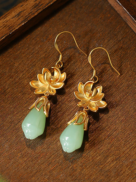 Women Ethnic Jade Glod Plating Flower Earrings