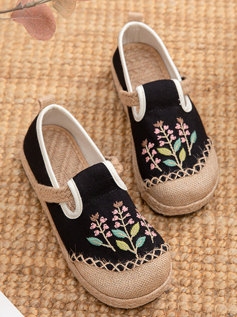 Women Ethnic Flower Embroidery Linen Cotton Flat Shoes