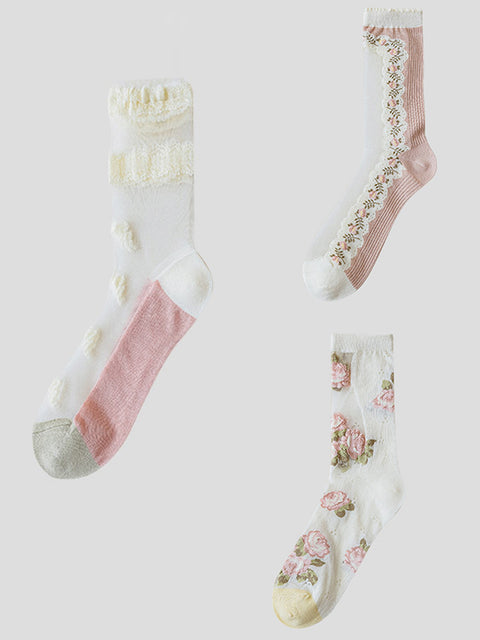 3 Pairs Women Elegant Flower Lace Spliced Thin Socks