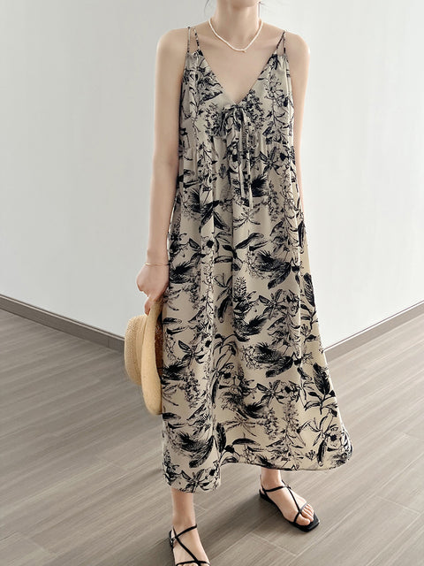 Women Summer Artsy Floral Ink-print Vest Dress