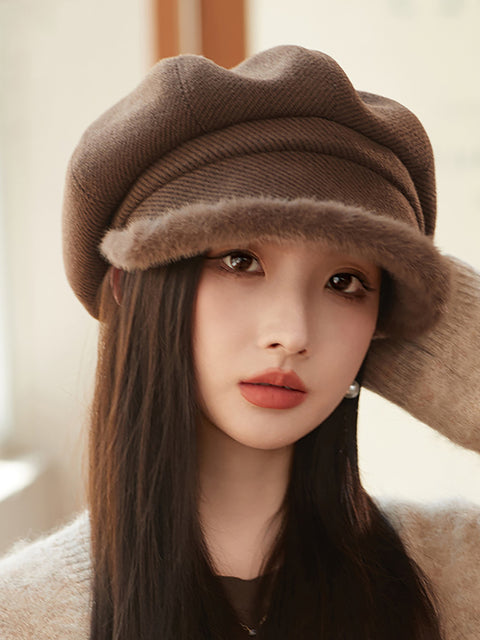 Winter Casual Pure Color Plush Spliced Hat