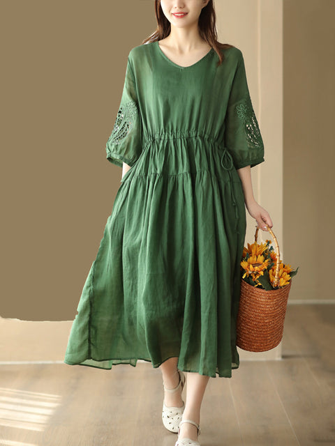 Women Vintage Embroidery Solid Stitching Ramie Dress