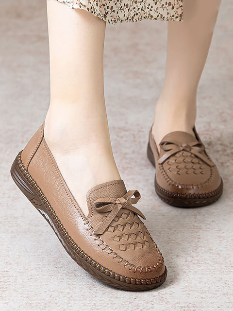 Women Retro Genuine Leather Bowknot Flat Shoes