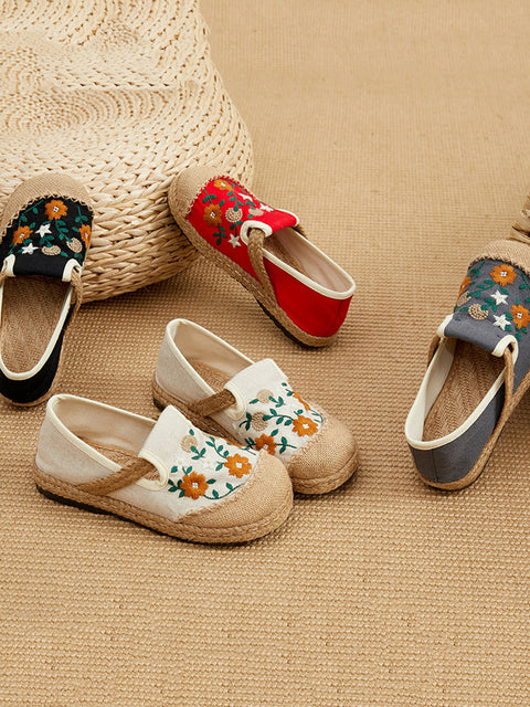 Women Summer Flower Embroidery Linen Spliced Straw Shoes