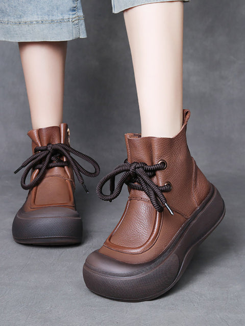 Women Vintage Genuine Leather Strap Mid-Heel Boots