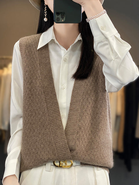 Women Casual Wool Solid V-Neck Irregular Hem Knit Vest