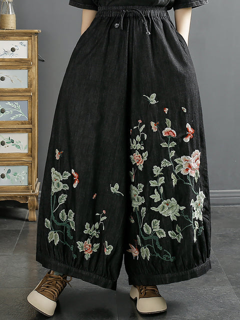 Women Spring Flower Embroidery Denim Wide-leg Pants