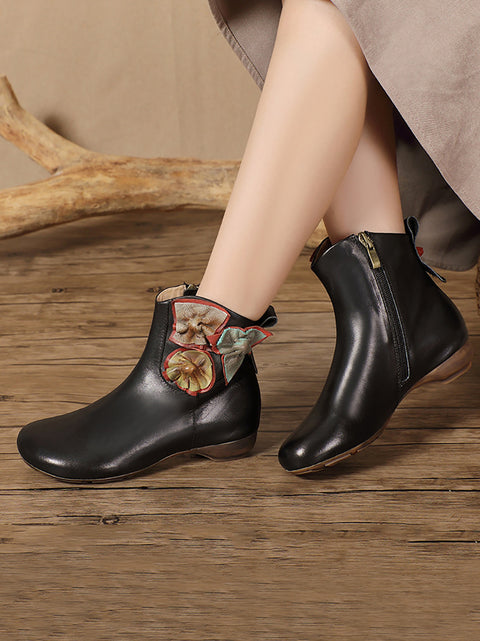 Women Vintage Leather Patch Spliced Low Heel Boots