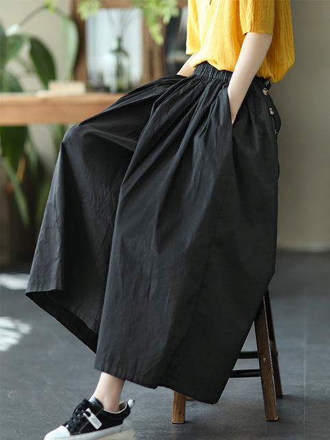 Women Summer Solid Pleat Button Pocket Wide-leg Pants