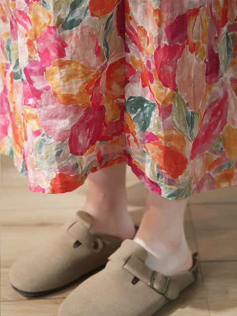 Plus Size נשים קיץ Artsy Flower Drwastring Ramie Skirt