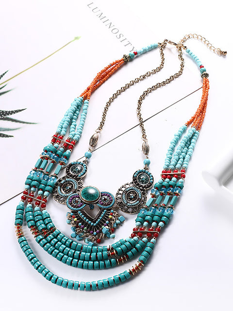 Women Ethnic Bohemian Multi-layer Bead Alloy Knitted Necklace