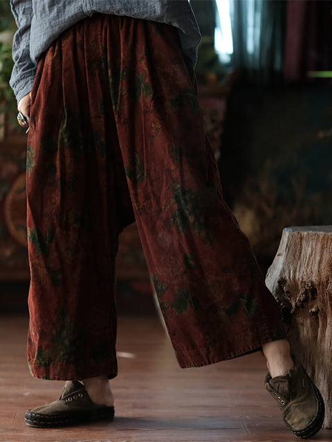 Women Retro Flower Print Spring Cotton Wide-leg Pants