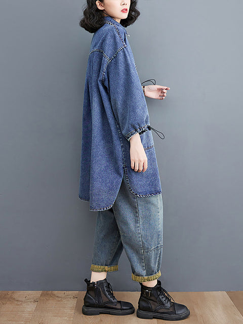 Women Casual Spring Solid Stitching Denim Long Shirt