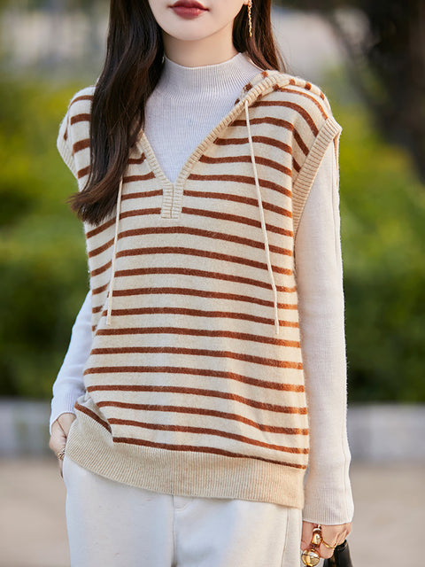 Women Autumn Stripe 100%Wool Knit Hooded Vest