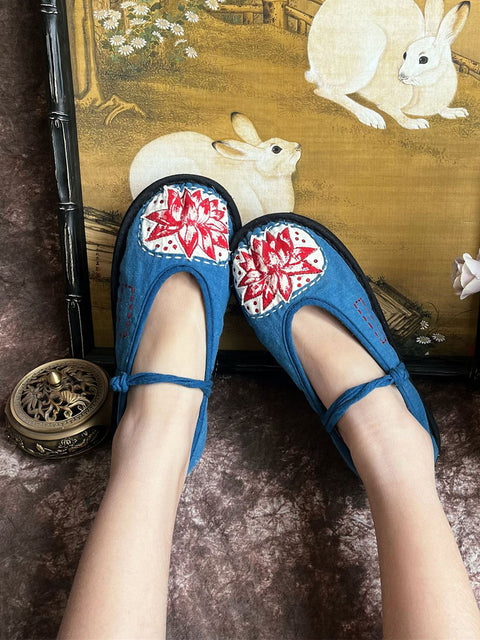 Women Summer Ethnic Lotus Print Cloth Shoes