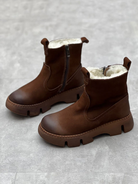 Women Winter Solid Leather Fleece-lined Ankle Boots