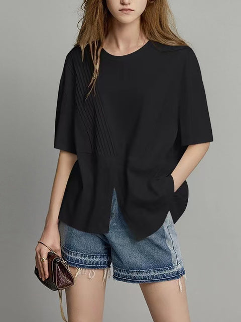 Plus Size Women Summer Casual Split Hem Pleat Spliced Solid Shirt